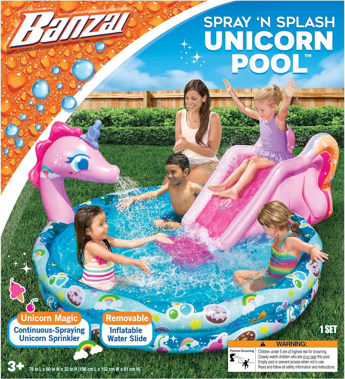 Spray 'N Splash Unicorn Pool, Length: 78 In, Width: 60 In, Height: 32 In, Inflatable Outdoor Backyard Water Slide Splash Toy