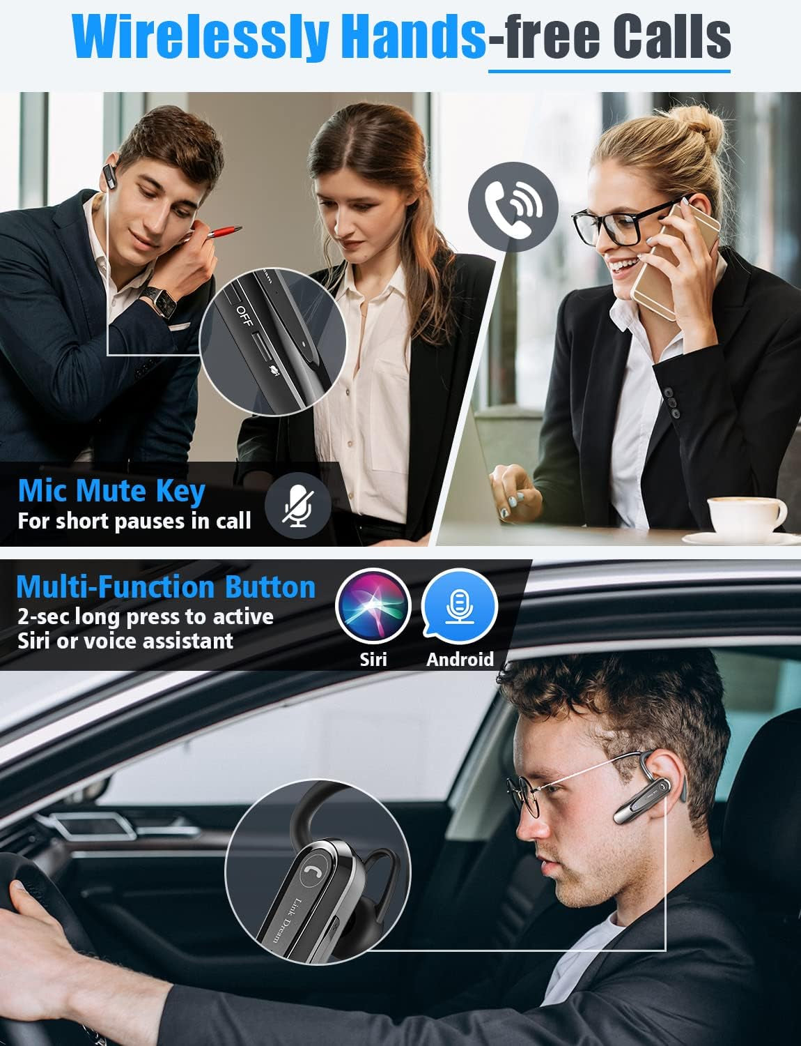 Bluetooth Earpiece Wireless CVC8.0 Headset for Cell Phone Dual Mic Noise Canceling Earpiece Phone with Mute Key 20H Talk 180 Days Standby for Iphone Android Home Office Driving (1 Pack)