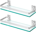 2-Pack Tempered Glass Bathroom Shelf with Rail, 15" X 4.5" Rectangular Shower Caddy, Wall Mounted Floating Shampoo Holder for Lavatory, Kitchen, Living Room