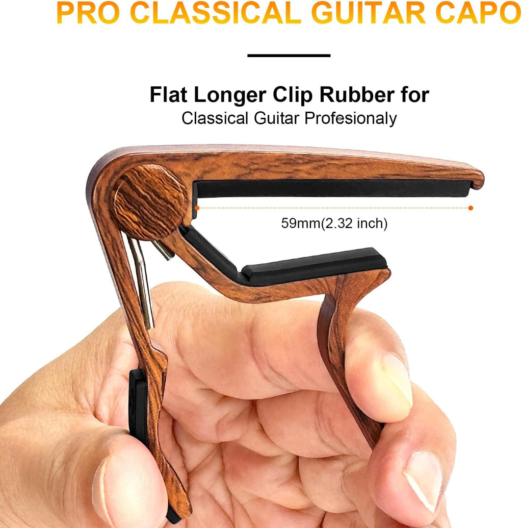 Classical Flat Guitar Capo for Nylon String Guitars-Rosewood Finish with 5 Picks.