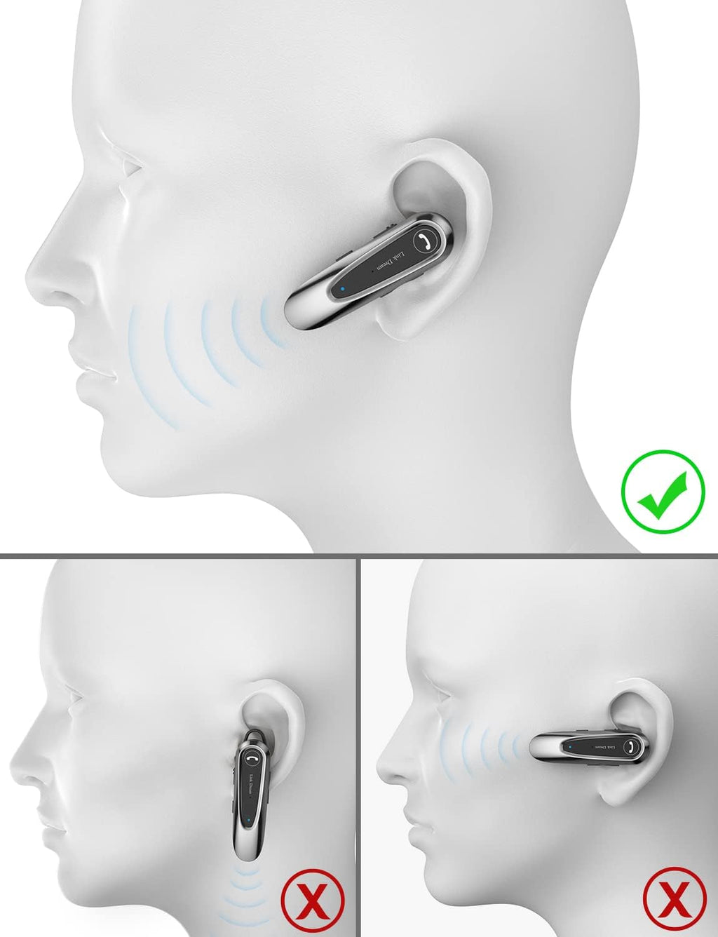 Bluetooth Earpiece Wireless CVC8.0 Headset for Cell Phone Dual Mic Noise Canceling Earpiece Phone with Mute Key 20H Talk 180 Days Standby for Iphone Android Home Office Driving (1 Pack)
