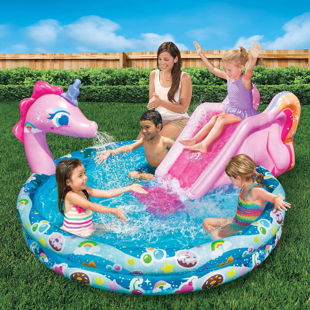 Spray 'N Splash Unicorn Pool, Length: 78 In, Width: 60 In, Height: 32 In, Inflatable Outdoor Backyard Water Slide Splash Toy
