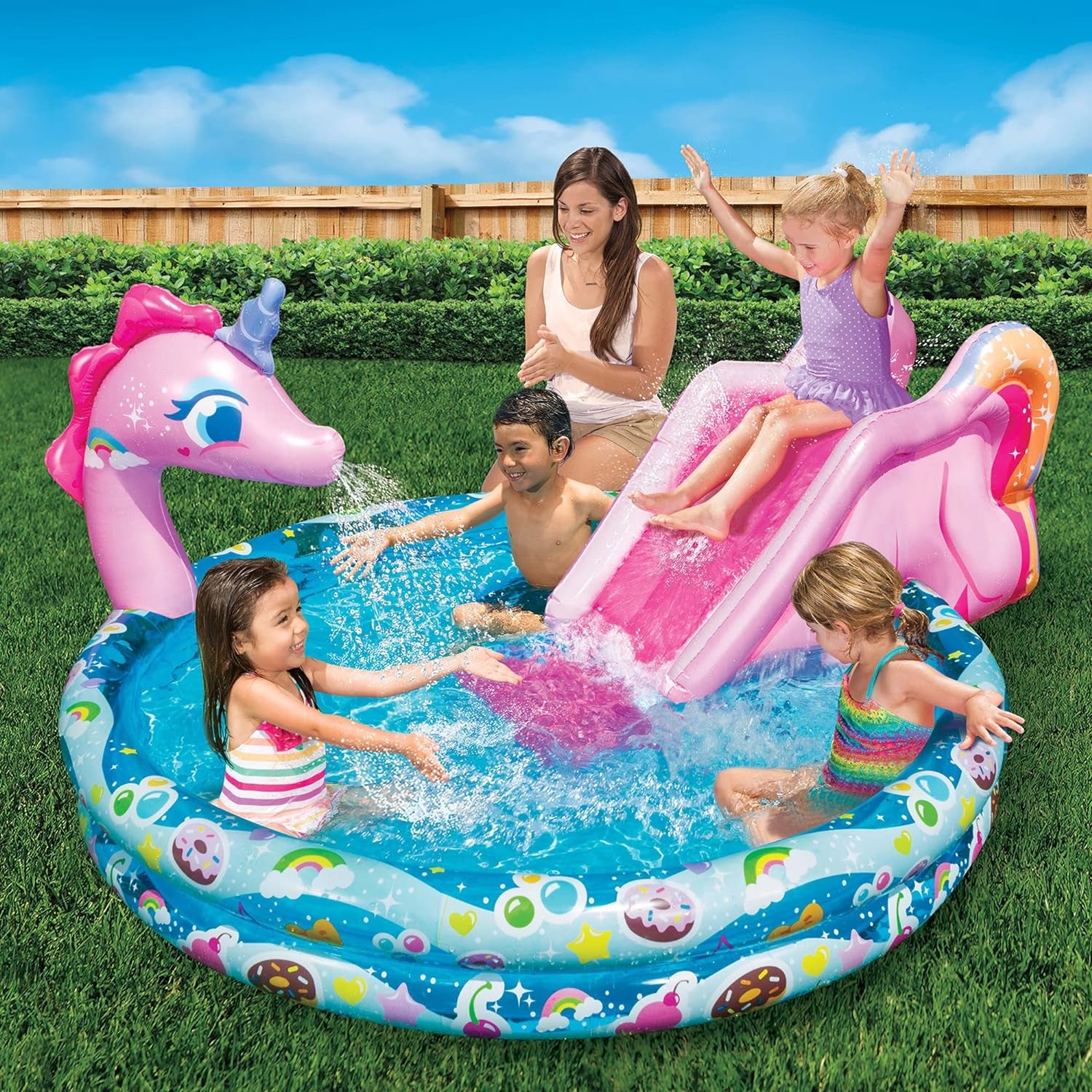 Spray 'N Splash Unicorn Pool, Length: 78 In, Width: 60 In, Height: 32 In, Inflatable Outdoor Backyard Water Slide Splash Toy