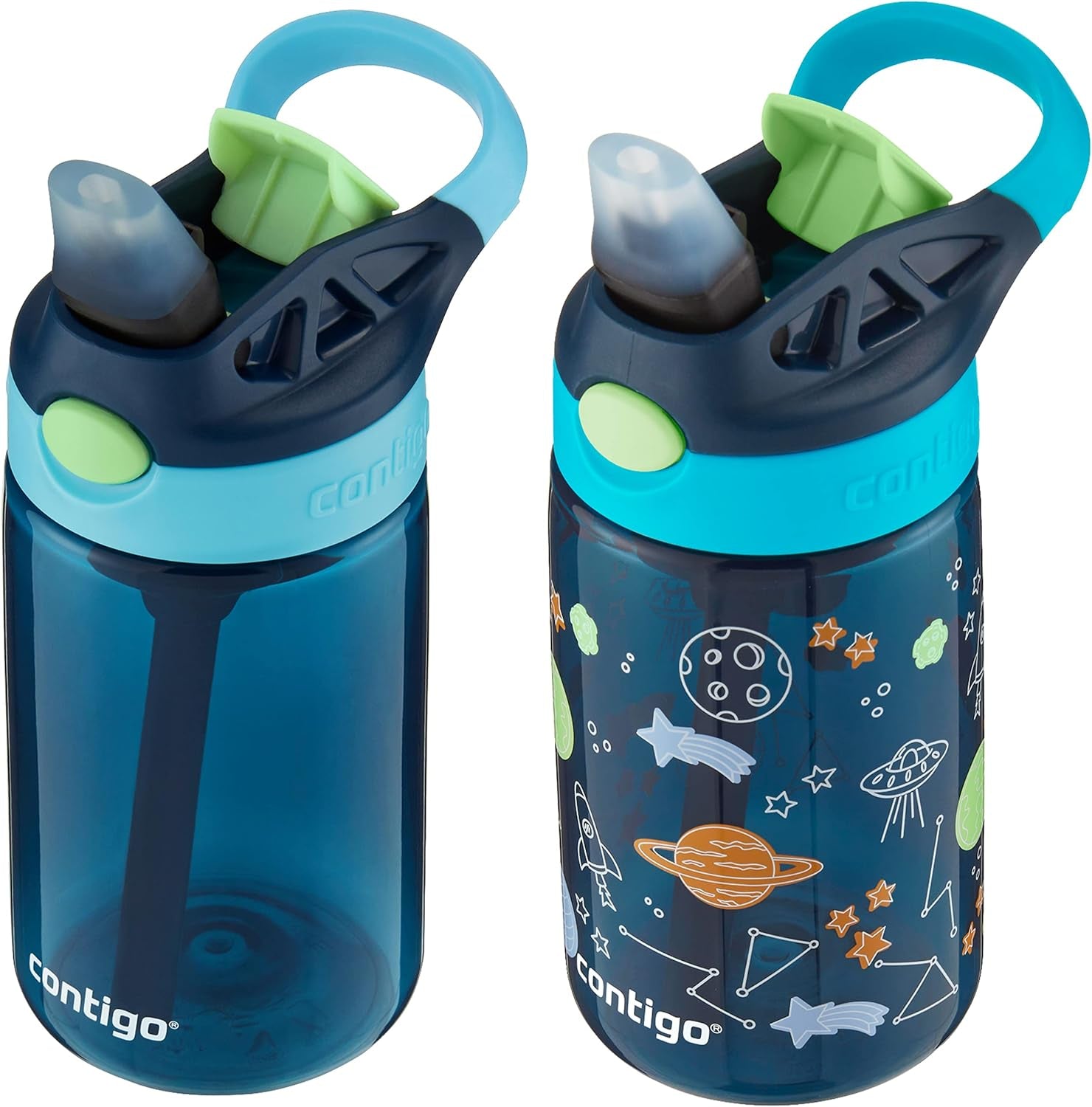 Kids Water Bottle with Redesigned AUTOSPOUT Straw 14Oz. 2 Pack Blueberry and Blue Raspberry & Blueberry and Blue Raspberry with Cosmos
