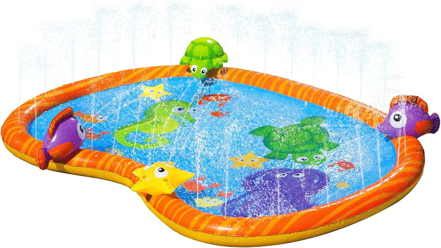 Splash Pad Toddler Water Play Mat, 58 in Outdoor Kids Sprinkler Mat with 3D Sea Characters, Baby Splash Pad for Backyard Summer Fun
