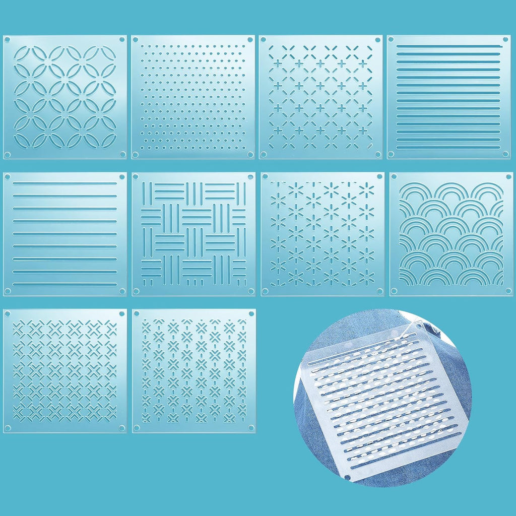 10 Sets Acrylic Sashiko Stencil, 4.7 X 4.7 Inch Acrylic Embroidery Tool Sashiko Stencil with Straight Lines and Square Dots Arcs Pattern Template for Hand Quilting and Embroidery