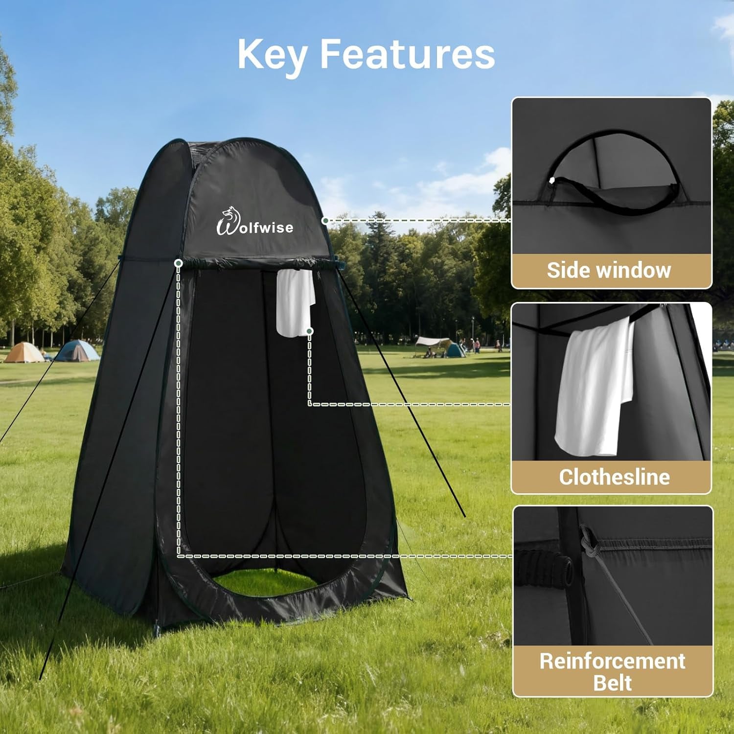Pop up Shower Tent for Camping Essentials, Portable Instant Changing Tent with Ventilation Window & Carry Bag, Privacy Dressing Room Bathroom Toilet for Beach & Outdoor, Standard, Black