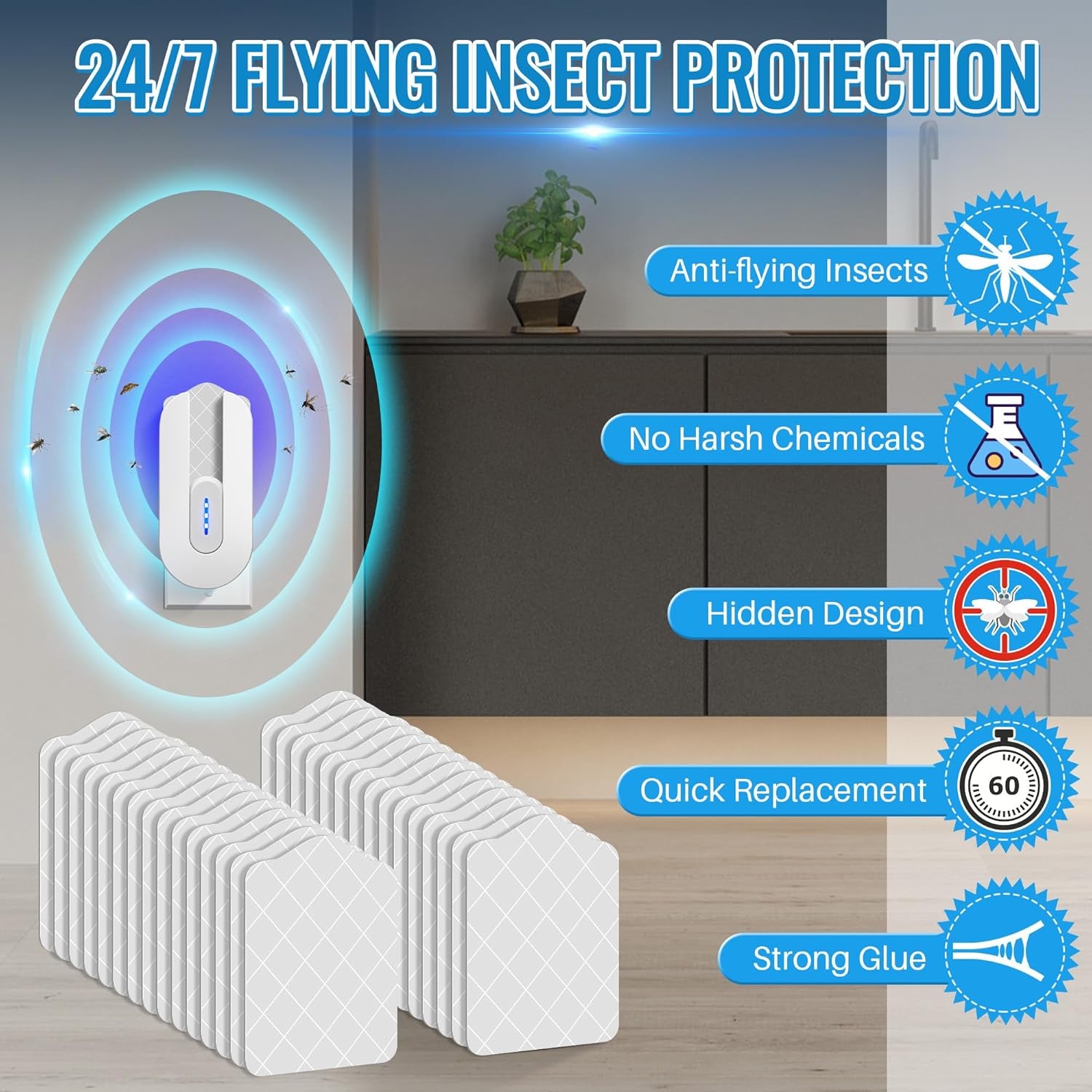 20 Pack Flying Insect Trap Refill Compatible with Bugmd No Buzz Zone Bug Trapper, Refill Glue Boards, Adhesive Fly Trap Refills Pad for Insect Bug Mosquito Gnat Fruit Fly Catcher Indoors