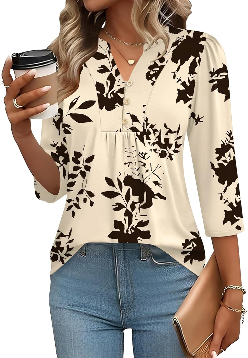 3/4 Length Sleeve Womens Tops Dressy Casual Henley V-Neck Summer Tops Pleated T-Shirts Loose Fit Work Blouses