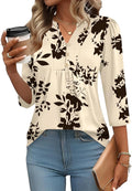 3/4 Length Sleeve Womens Tops Dressy Casual Henley V-Neck Summer Tops Pleated T-Shirts Loose Fit Work Blouses