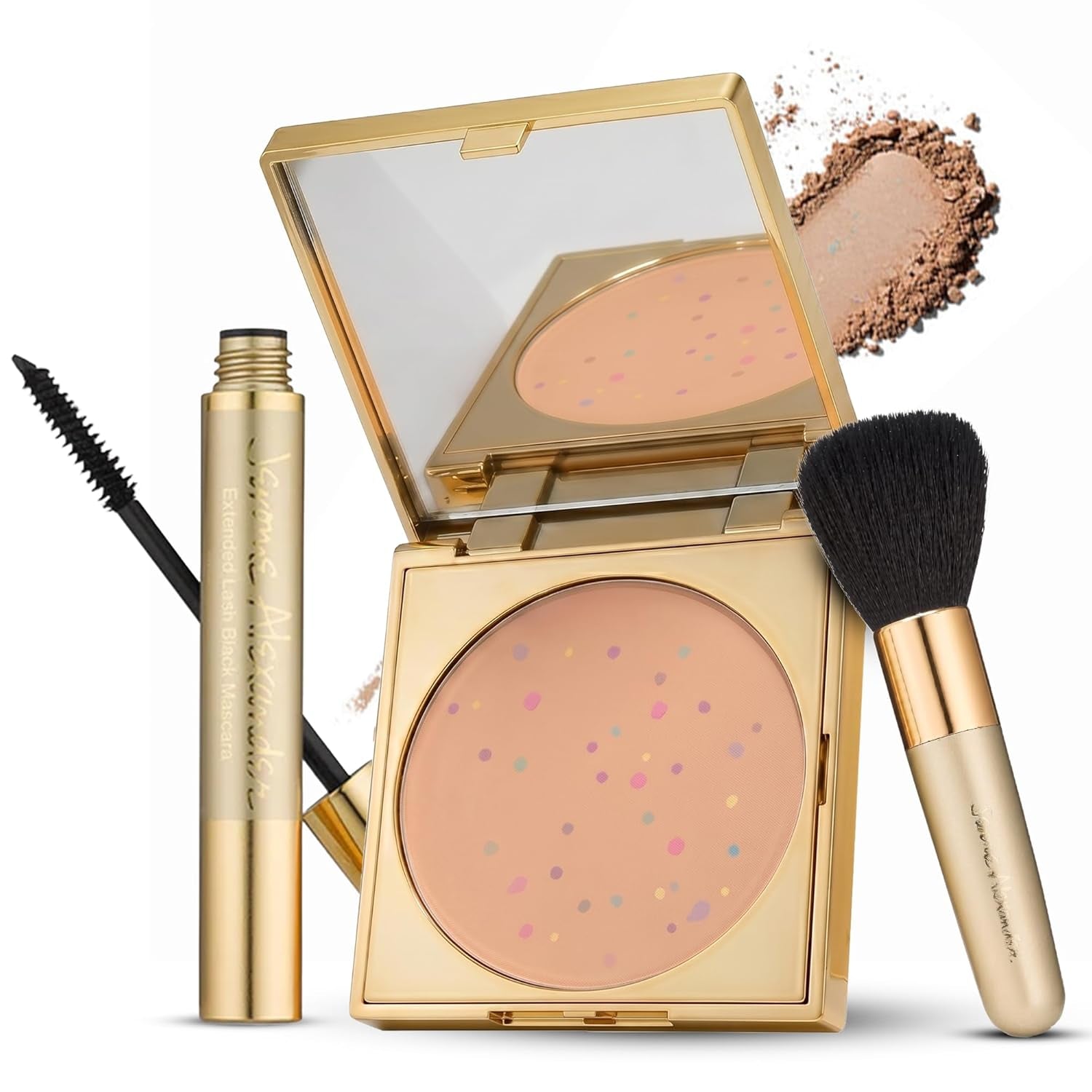 Magic Minerals 4 Pcs Pressed Powder Foundation Set by  - 4-In-1 Color Correcting Concealer for Older Women - Foundation for Mature Skin with Mascara, Stubby Brush and Sponge - Medium