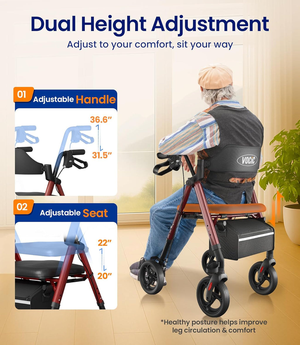 Walkers for Seniors, Z21 Rollator Walker with Seat Supports 350Lb, 8" Big Wheels for All Terrain, Ergonomic Arc Seat & 6" Ultra Backrest Foldable Walker, Dual Height Adjustment, Lightweight 2025