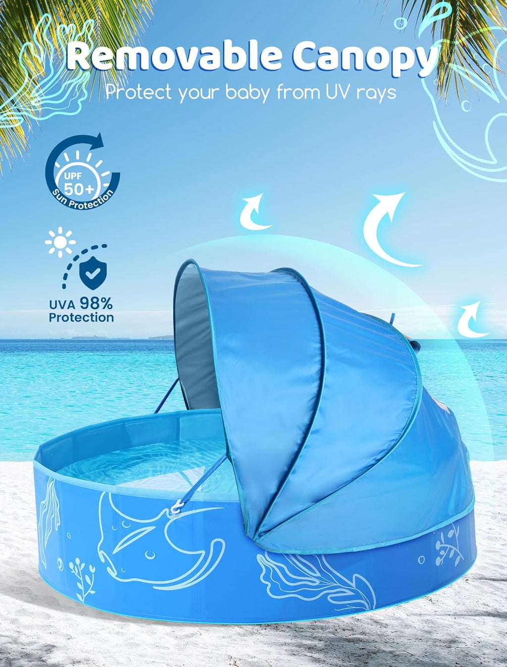 Foldable Kiddie Pool with Canopy: 31.5In/ 47In /63In for Baby Toddler Kids Family - Summer Water Play Pool with Shade - Portable for Outdoor Backyard Beach (Blue-Blue, 47In)