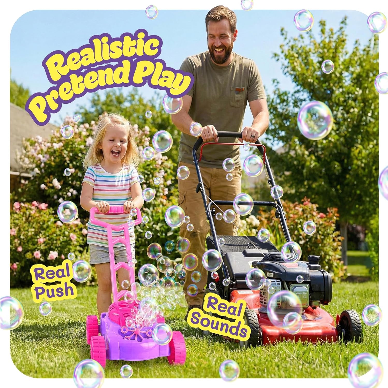 Bubble Lawn Mower for Toddlers 1-3, Bubble Machine for 1-Year-Old Girl Gifts, Toddler Outdoor Toys for 2-Year-Old Girl Birthday Gift, Push Summer Gardening Toys for Toddlers Age 1 2 3 +
