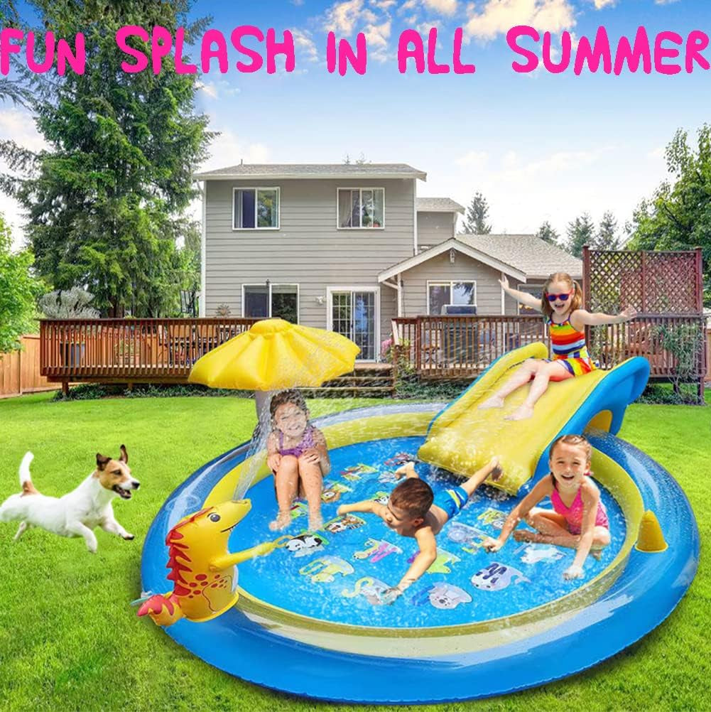 Dinosaur Inflatable Play Center, Kids round Wading Swimming Pool with Slide, Dinosaur Sprinkle, Mushroom Shade for Kids Children Summer Outdoor Splish Splash, Garden Backyard Water Park, 87"X75"X31.5"