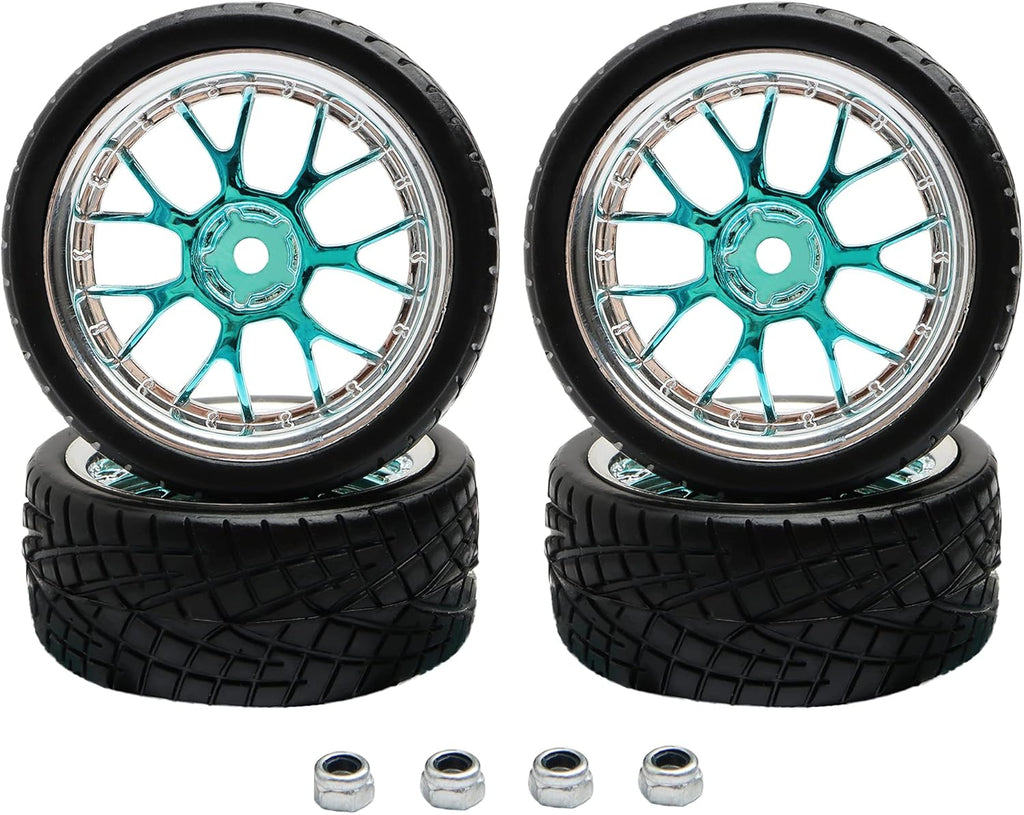 4PCS 12Mm Hex Hub RC Cars Wheels and Tires,62Mm on Road Touring Rubber Racing Rally Tires Set for 1:10 1:16 1:18 XV01 TT01 TT02B HSP 94122 94123 94103 3850 3851 FW06 16889 RC Cars(Silver Blue)