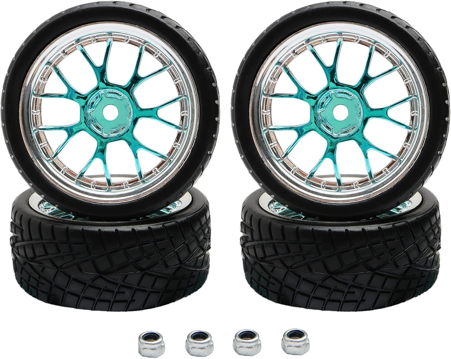 4PCS 12Mm Hex Hub RC Cars Wheels and Tires,62Mm on Road Touring Rubber Racing Rally Tires Set for 1:10 1:16 1:18 XV01 TT01 TT02B HSP 94122 94123 94103 3850 3851 FW06 16889 RC Cars(Silver Blue)