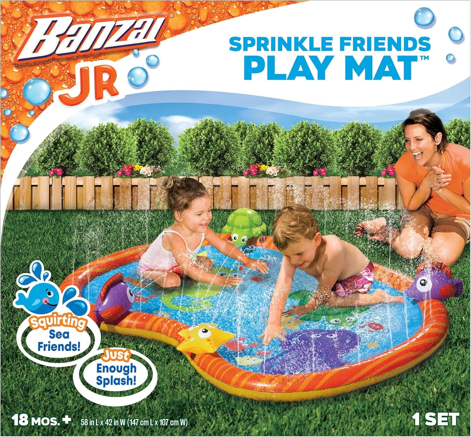 Splash Pad Toddler Water Play Mat, 58 in Outdoor Kids Sprinkler Mat with 3D Sea Characters, Baby Splash Pad for Backyard Summer Fun