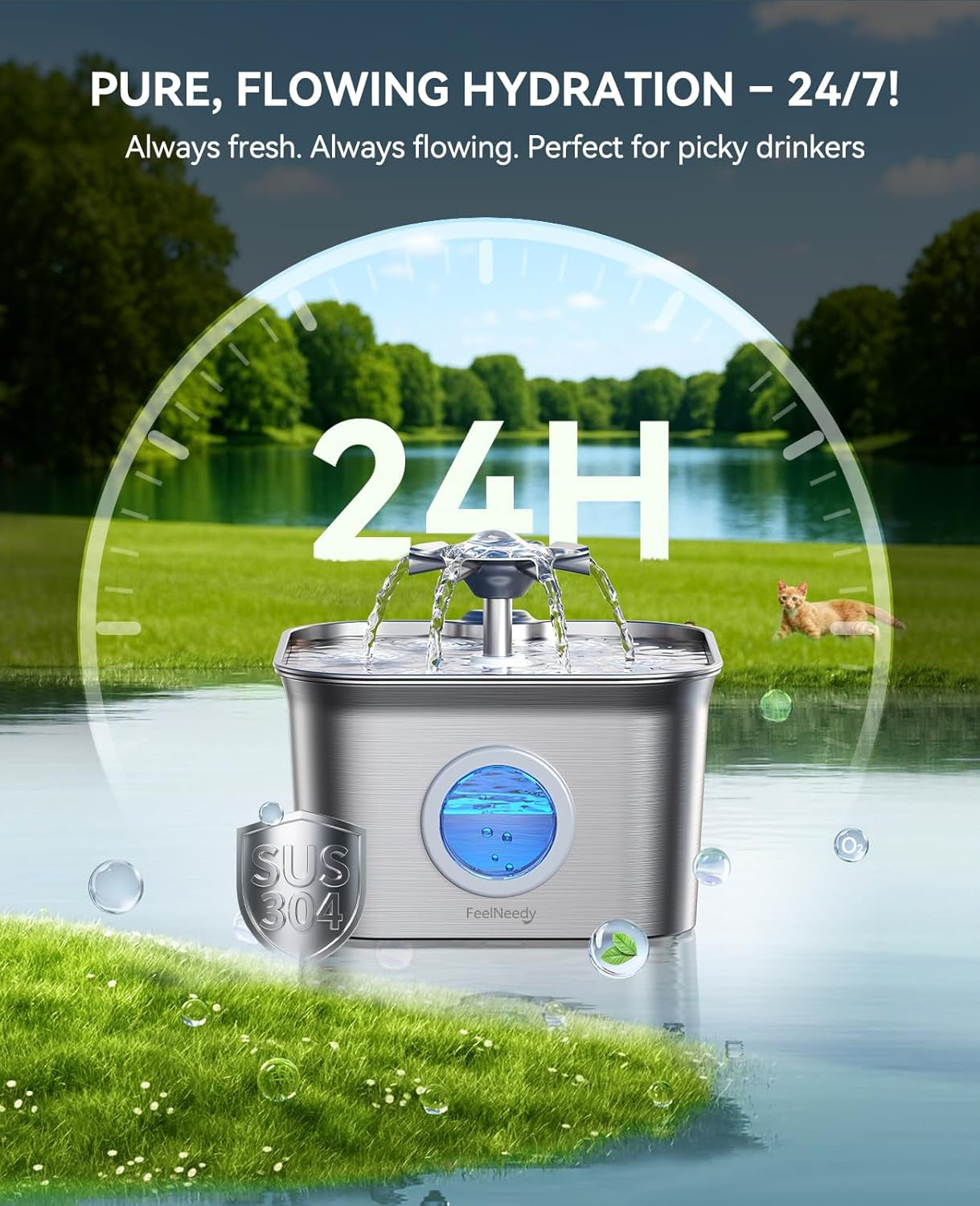 Stainless Steel Cat Water Fountain, 2.8L with 20Db Ultra-Quiet Pump- Ideal for Timid Pets, LED Water Level Window, Dishwasher Safe, 24/7 Circulation- Includes 3 Replacement Filters