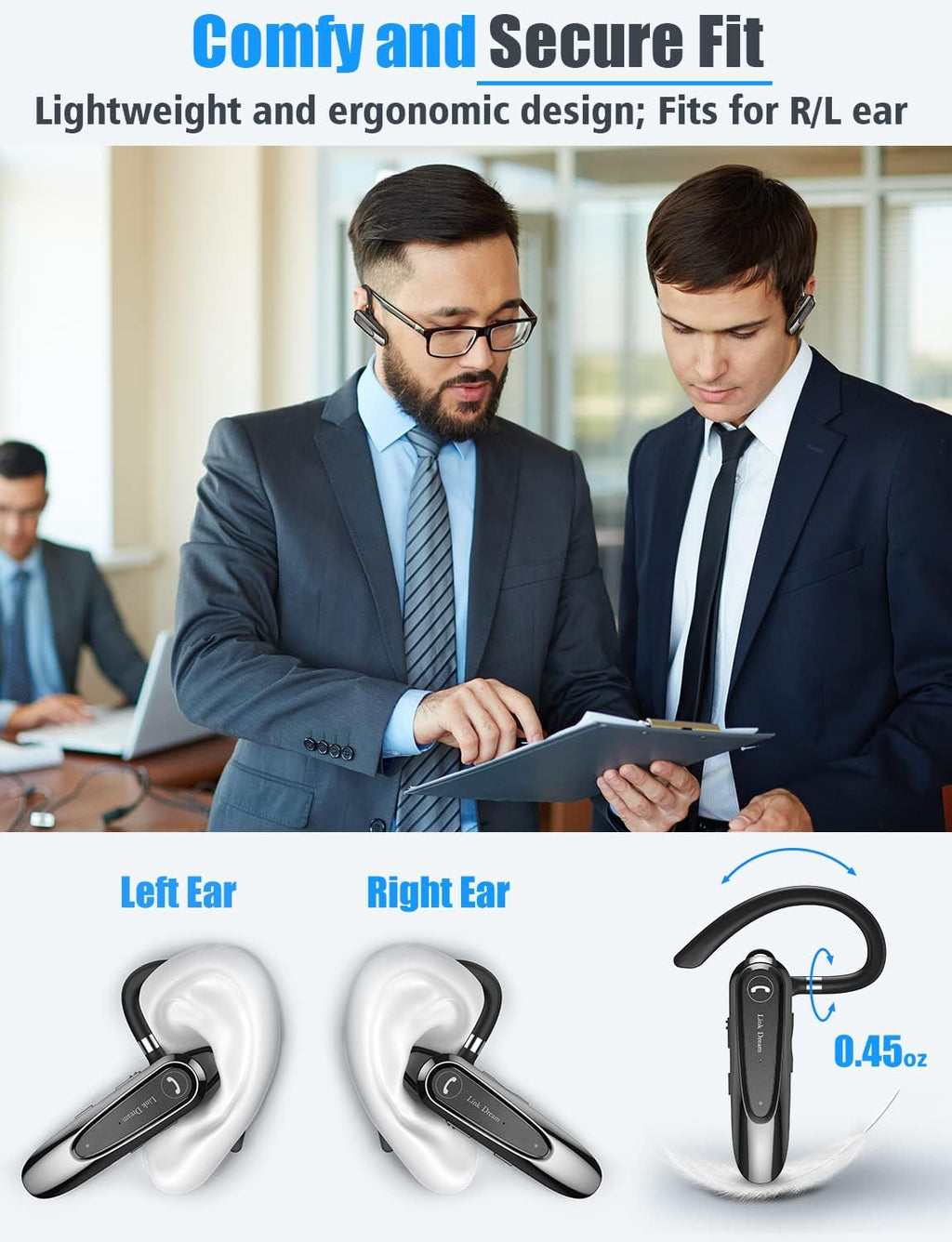 Bluetooth Earpiece Wireless CVC8.0 Headset for Cell Phone Dual Mic Noise Canceling Earpiece Phone with Mute Key 20H Talk 180 Days Standby for Iphone Android Home Office Driving (1 Pack)