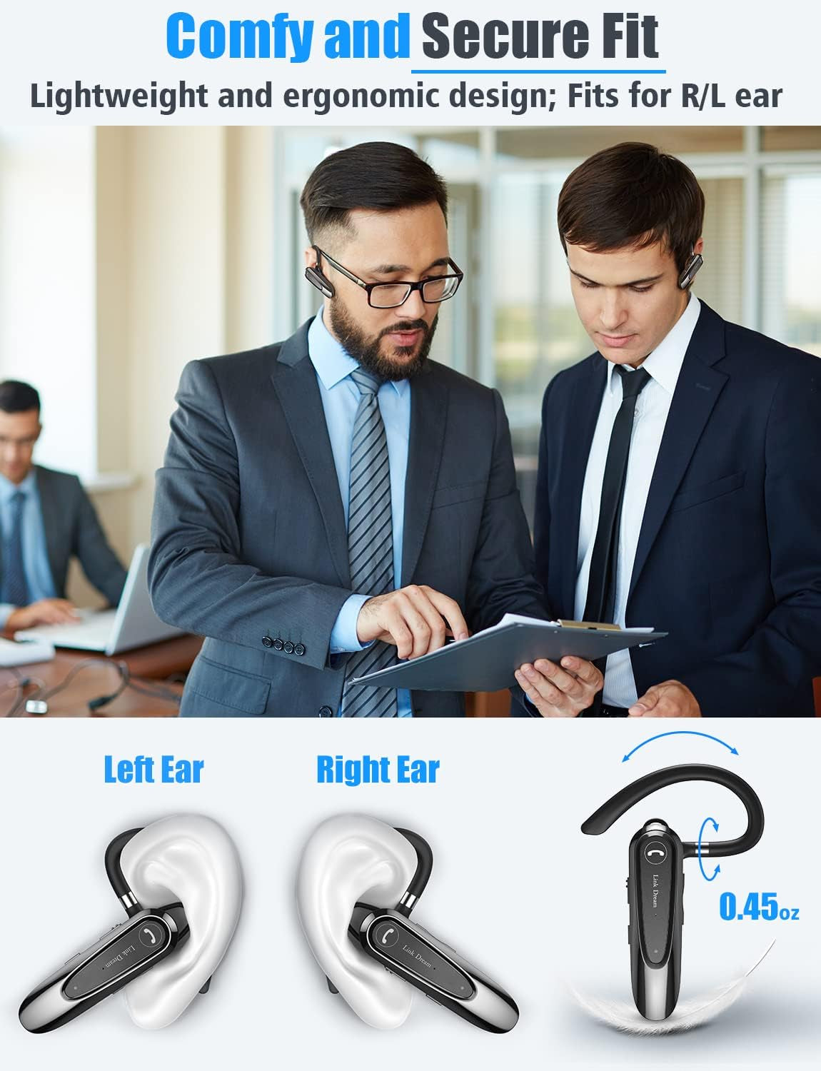 Bluetooth Earpiece Wireless CVC8.0 Headset for Cell Phone Dual Mic Noise Canceling Earpiece Phone with Mute Key 20H Talk 180 Days Standby for Iphone Android Home Office Driving (1 Pack)