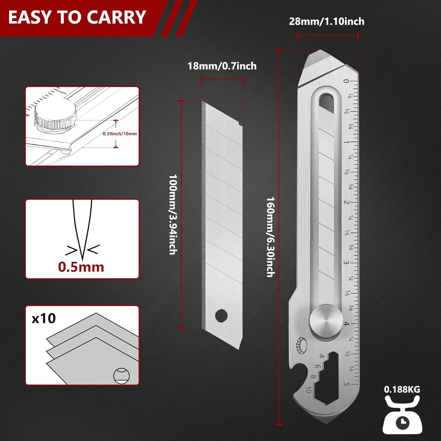 7-In-1 Mutipurpose Utility Knife, Stainless Steel Retractable Box Cutter, Heavy Duty Snap off Cutter Knife with 10PC 18MM SK5 Blades, Safety Lock Design