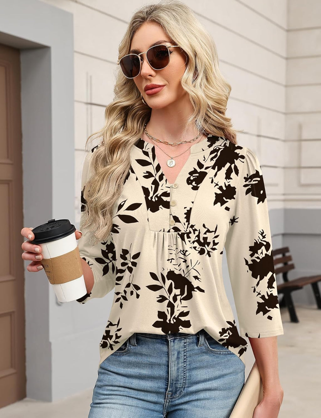 3/4 Length Sleeve Womens Tops Dressy Casual Henley V-Neck Summer Tops Pleated T-Shirts Loose Fit Work Blouses
