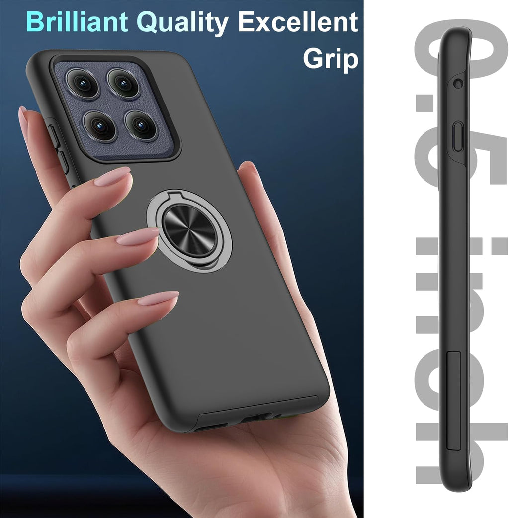 For Motorola Moto Edge 2025 Case with Tempered Glass Screen Protector and Camera Lens Protector， 360° Rotatable Ring Holder Magnetic Kickstand, Shockproof Protectivephone Case, Black