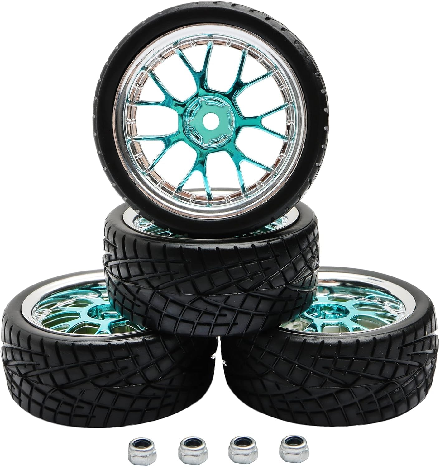 4PCS 12Mm Hex Hub RC Cars Wheels and Tires,62Mm on Road Touring Rubber Racing Rally Tires Set for 1:10 1:16 1:18 XV01 TT01 TT02B HSP 94122 94123 94103 3850 3851 FW06 16889 RC Cars(Silver Blue)