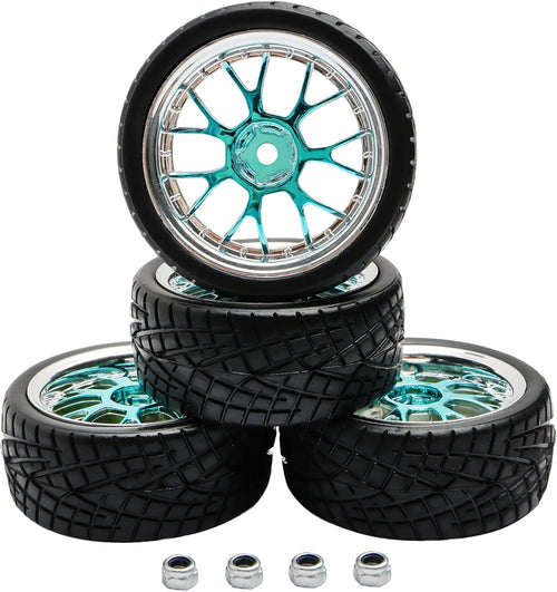4PCS 12Mm Hex Hub RC Cars Wheels and Tires,62Mm on Road Touring Rubber Racing Rally Tires Set for 1:10 1:16 1:18 XV01 TT01 TT02B HSP 94122 94123 94103 3850 3851 FW06 16889 RC Cars(Silver Blue)