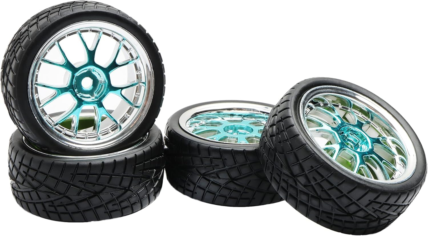 4PCS 12Mm Hex Hub RC Cars Wheels and Tires,62Mm on Road Touring Rubber Racing Rally Tires Set for 1:10 1:16 1:18 XV01 TT01 TT02B HSP 94122 94123 94103 3850 3851 FW06 16889 RC Cars(Silver Blue)