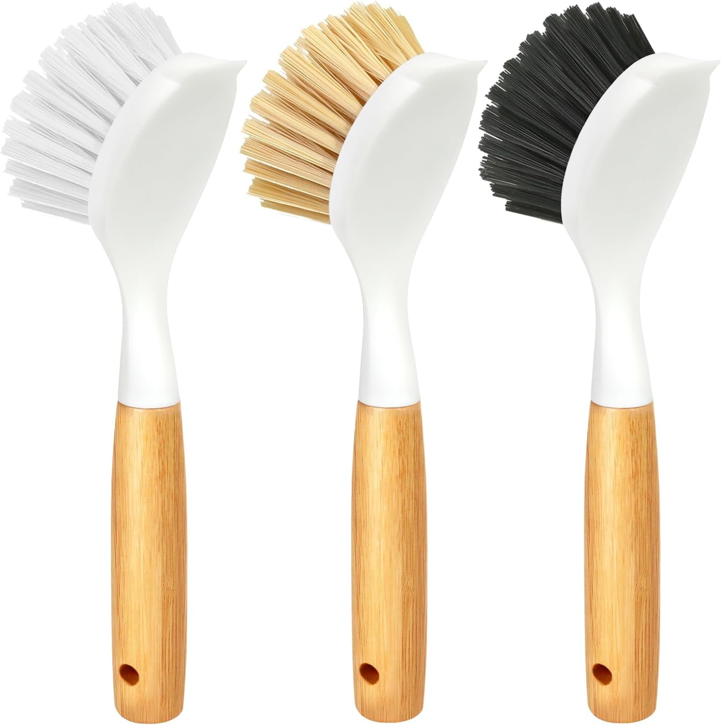 3 Pack Dish Brush Set with Bamboo Handle, Kitchen Brushes for Cleaning Pot, Sink and Stove, Skillet Scrubber with Tough Bristles for Cast Iron Grill Pan, White Yellow Black
