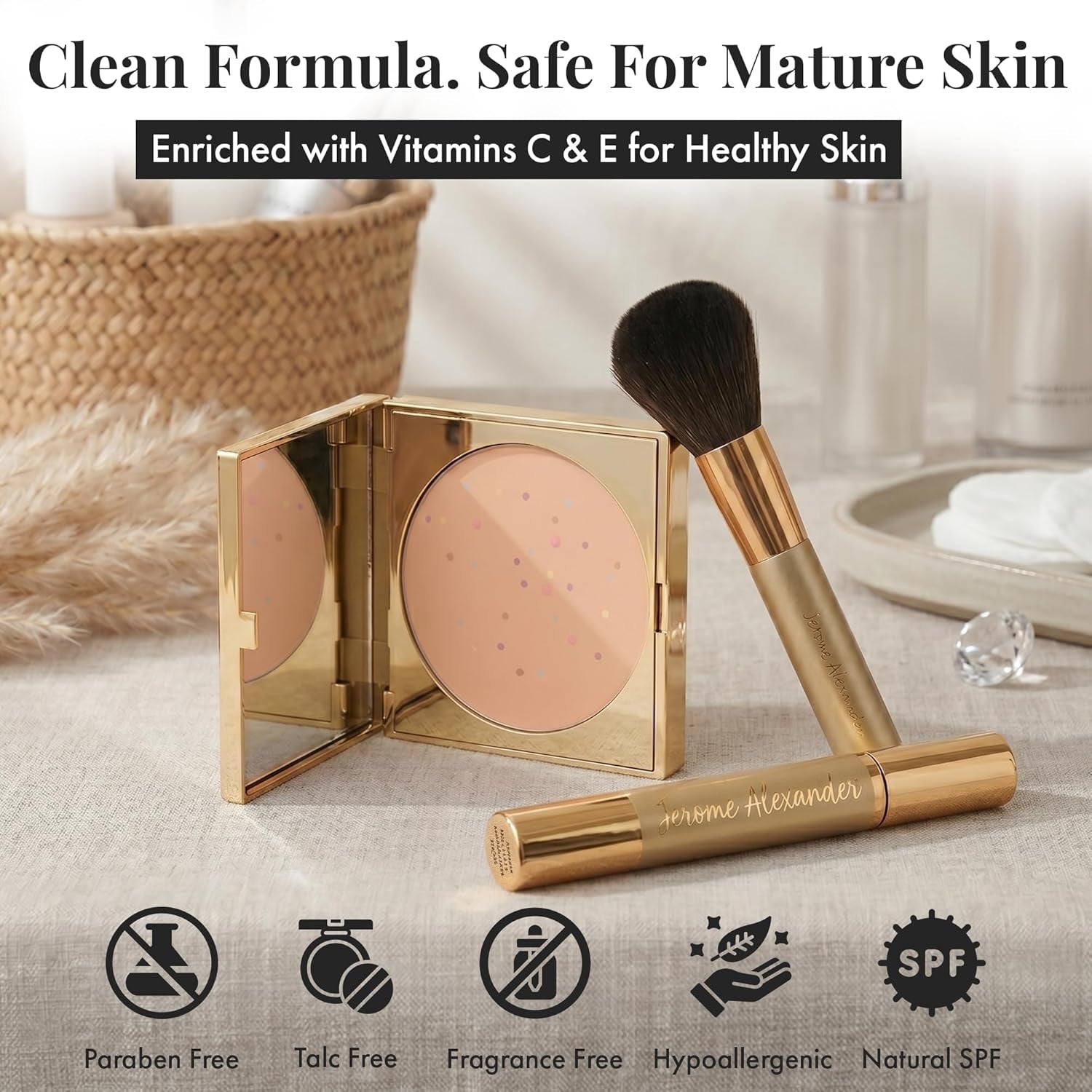 Magic Minerals 4 Pcs Pressed Powder Foundation Set by  - 4-In-1 Color Correcting Concealer for Older Women - Foundation for Mature Skin with Mascara, Stubby Brush and Sponge - Medium