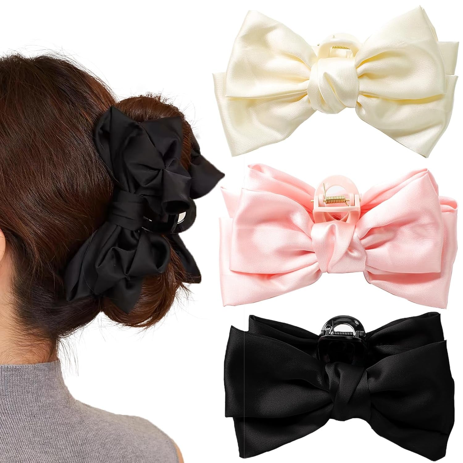 3 PCS Large Bow Hair Claw Clips Satin Bow Claw Clip for Women Girl with Long Thick Hair 5.9 Inch Elegant Hair Ribbon Design for All Types Big (Black+White+Pink)