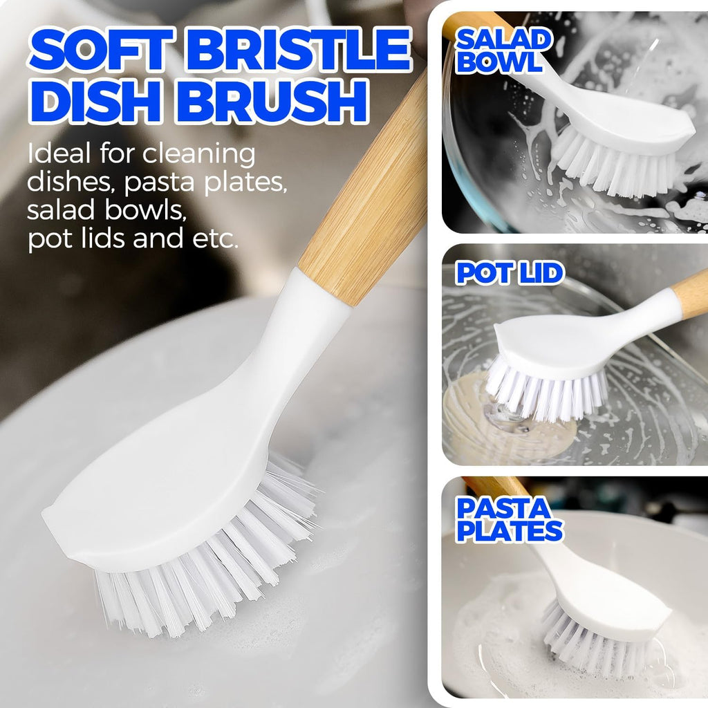 3 Pack Dish Brush Set with Bamboo Handle, Kitchen Brushes for Cleaning Pot, Sink and Stove, Skillet Scrubber with Tough Bristles for Cast Iron Grill Pan, White Yellow Black