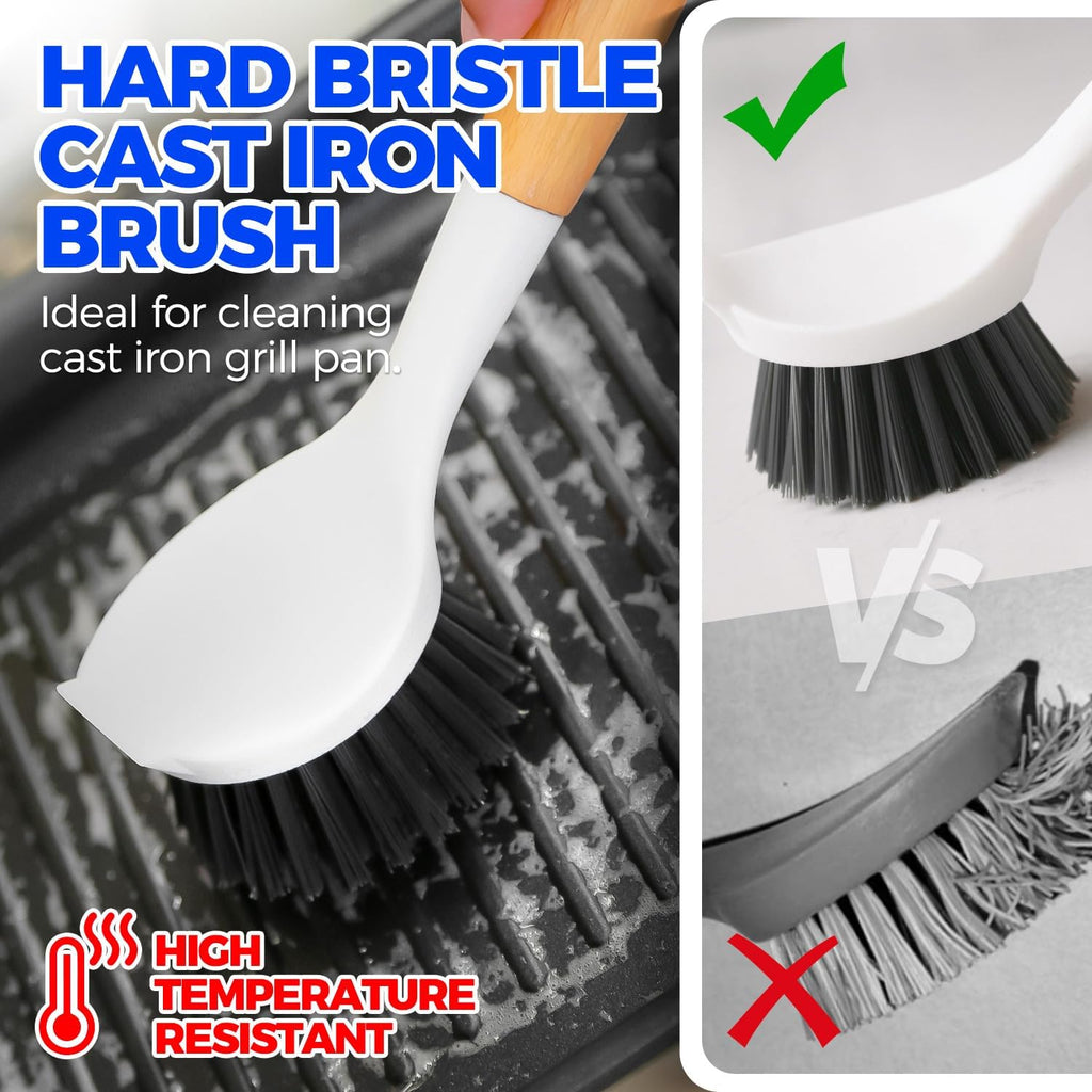 3 Pack Dish Brush Set with Bamboo Handle, Kitchen Brushes for Cleaning Pot, Sink and Stove, Skillet Scrubber with Tough Bristles for Cast Iron Grill Pan, White Yellow Black
