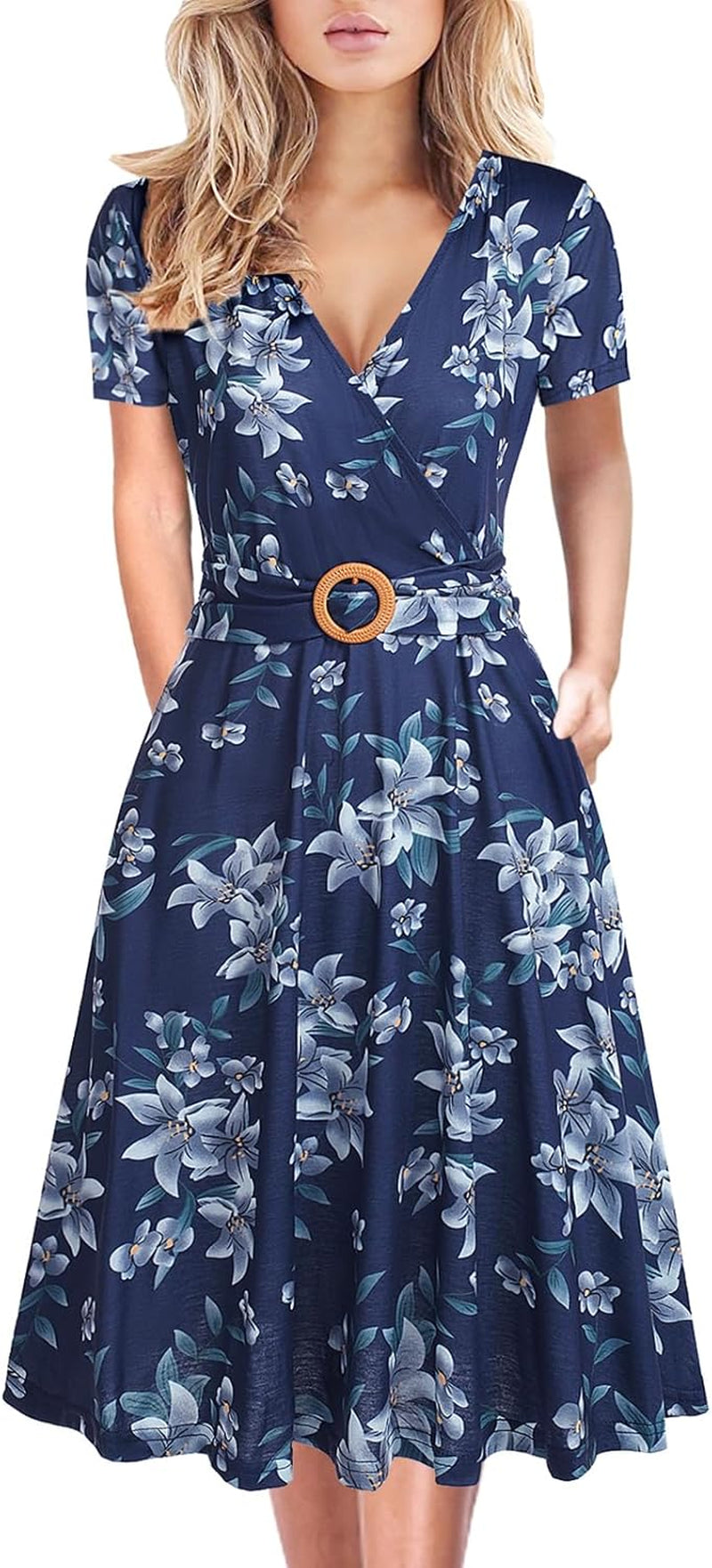 Women'S Elegant Criss-Cross V Neck Vintage Short Sleeve Work Casual Fit and Flare Tea Dress with Pockets 980