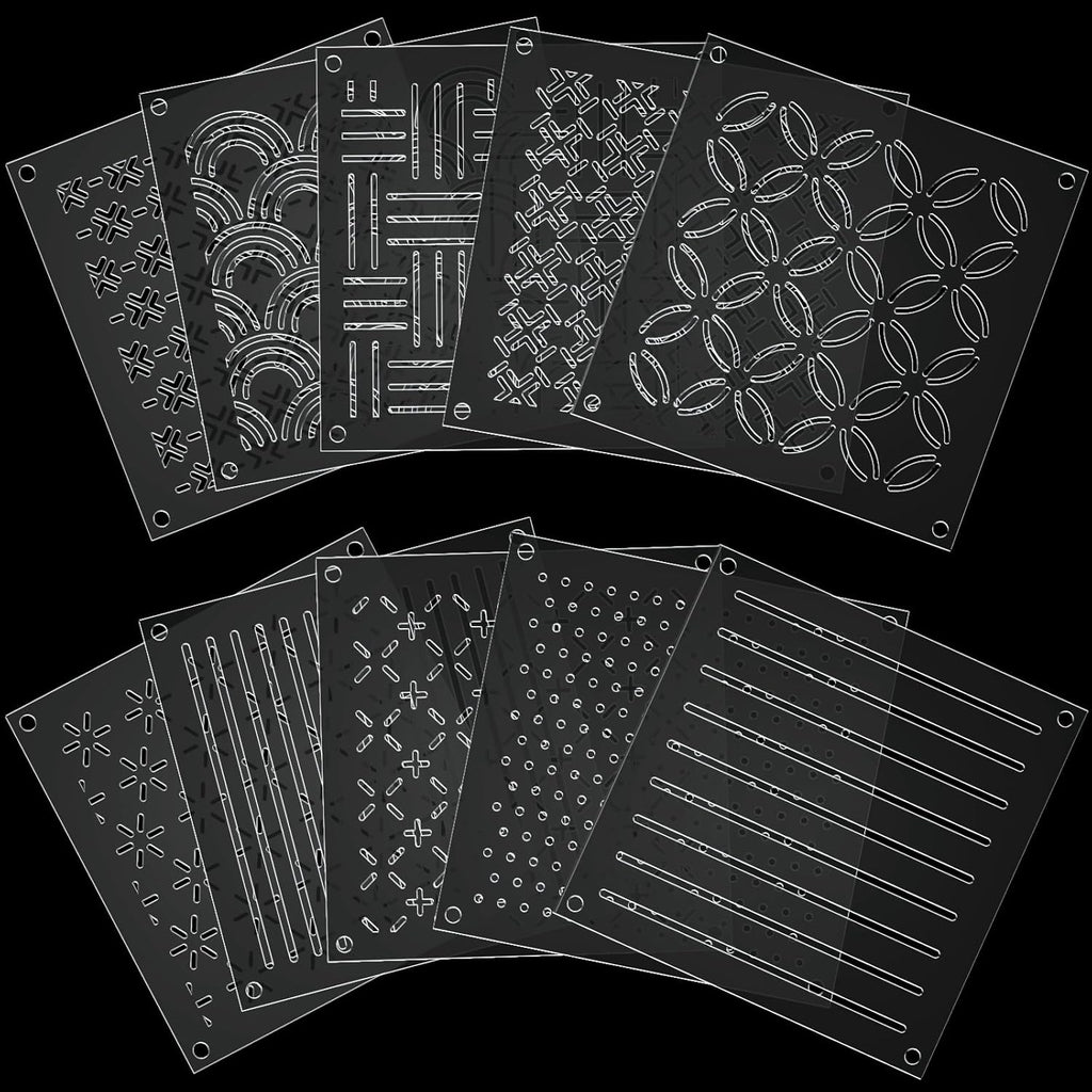 10 Sets Acrylic Sashiko Stencil, 4.7 X 4.7 Inch Acrylic Embroidery Tool Sashiko Stencil with Straight Lines and Square Dots Arcs Pattern Template for Hand Quilting and Embroidery