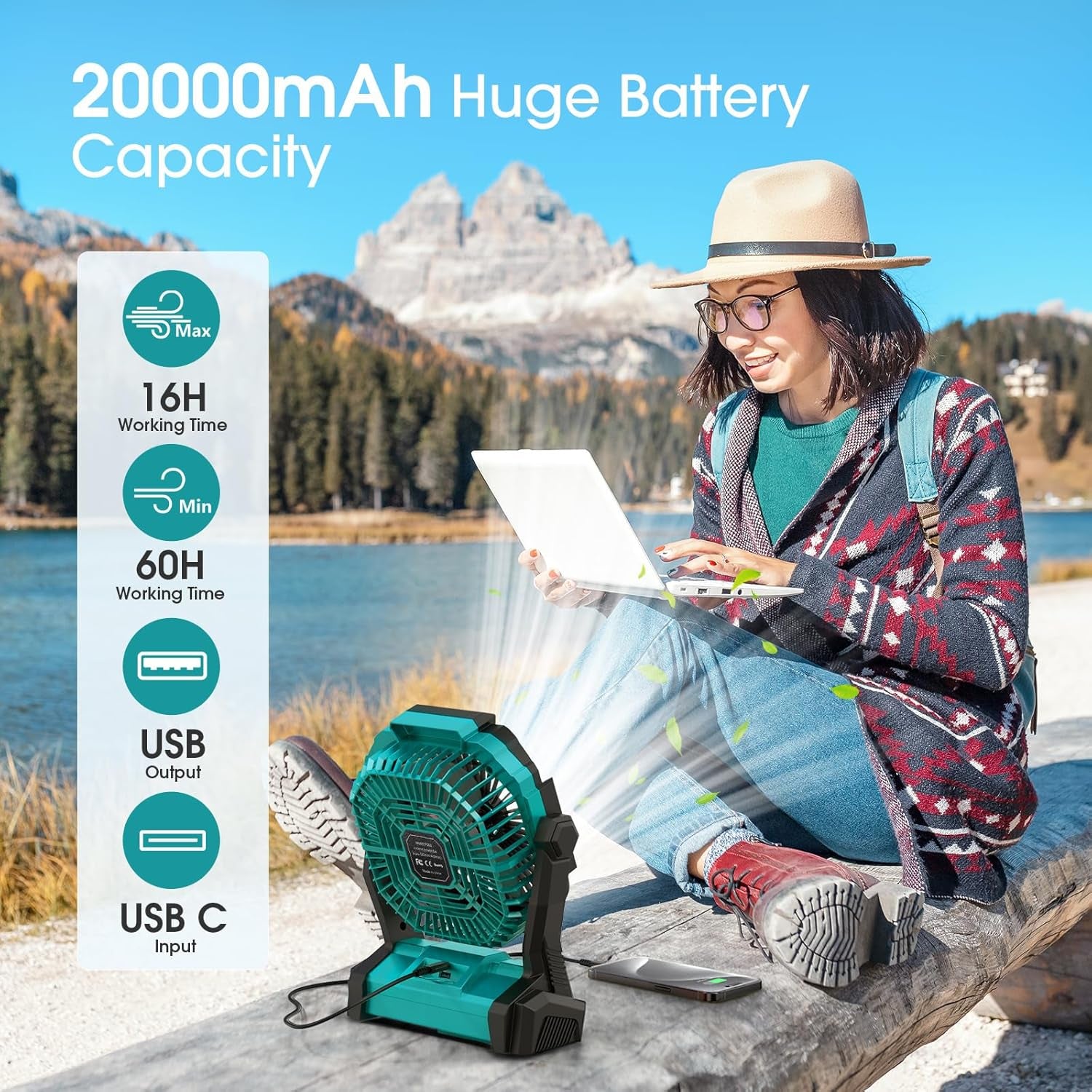 Portable Fan Rechargeable, 20000Mah Cordless Battery Powered Fan with LED Lantern, USB C Battery Operated for Travel Bedroom Home Camping Tent Office Beach Desk Fishing Table
