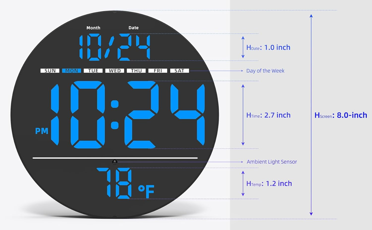 Digital Wall Clock with Large LED Display, Date, Temperature, Auto-Brightness | Small [PLUG-IN] Clock | Modern Electric Wall Clock for Bedroom, Classroom, Living Room, Home, Office, Farmhouse - Blue