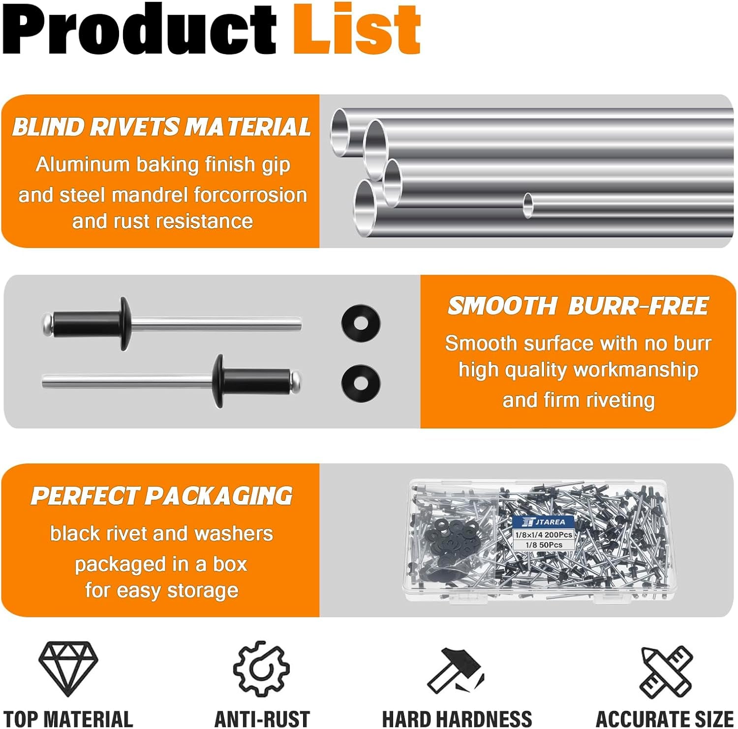 250Pcs 1/8" X 1/4" Black Aluminum Pop Rivets with Stainless Steel Washers 3.2 X 6.4Mm Blind Rivet Assortment Kit