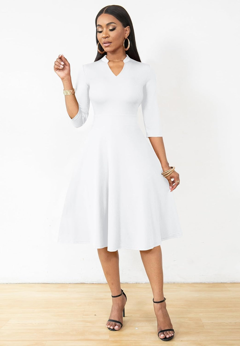 Casual Dresses for Women Semi Formal Fit and Flare 3/4 Sleeve A-Line Church Work Dress with Pockets