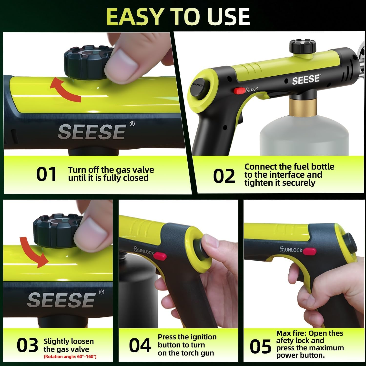 Powerful Propane Torch Gun,Kitchen Cooking Torch with One-Touch Max Fire, Charcoal Lighter with a Safety Lock, Adjustable Blow Torch for Sous Vide, BBQ, Campfire, Fireplace(Tank Not Included)