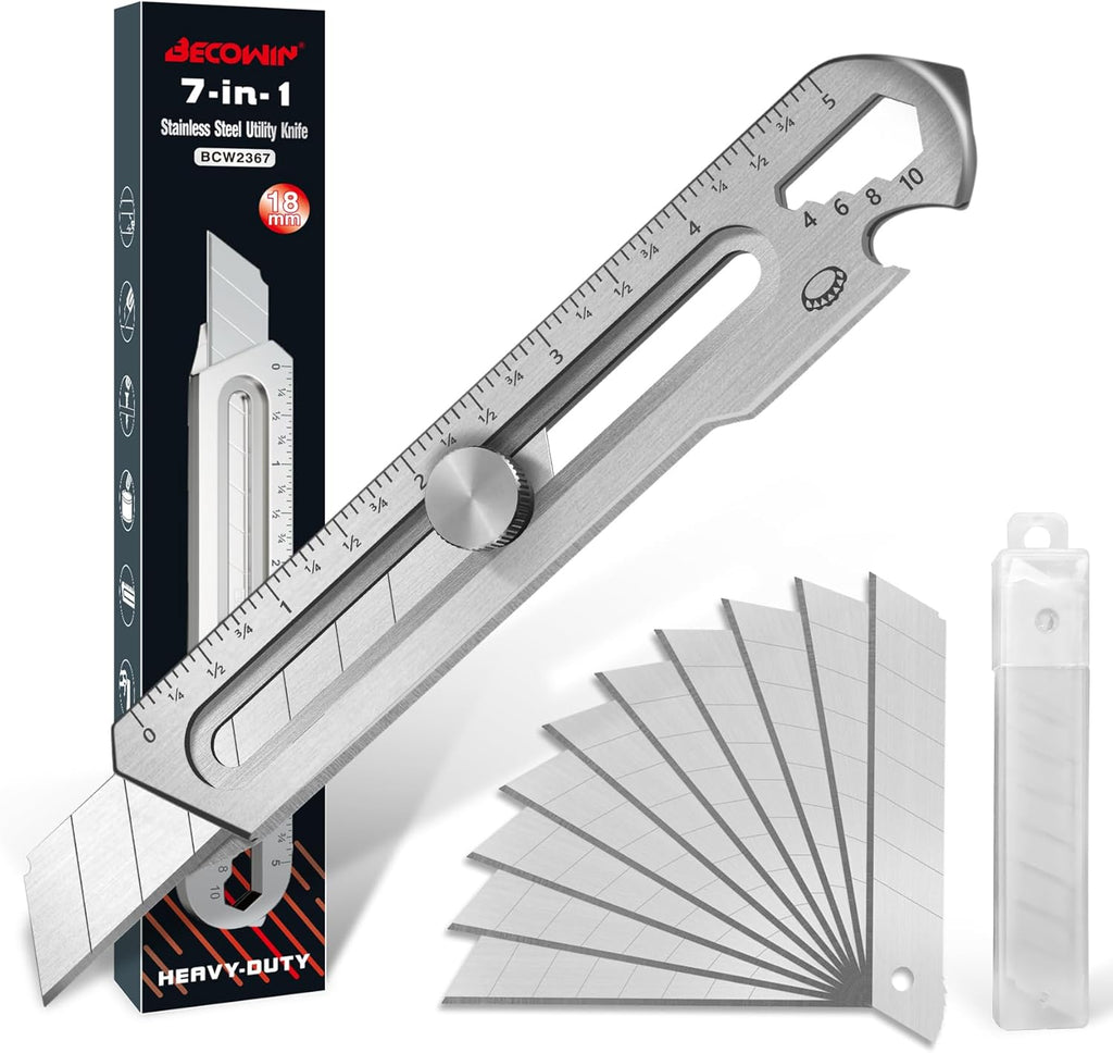 7-In-1 Mutipurpose Utility Knife, Stainless Steel Retractable Box Cutter, Heavy Duty Snap off Cutter Knife with 10PC 18MM SK5 Blades, Safety Lock Design