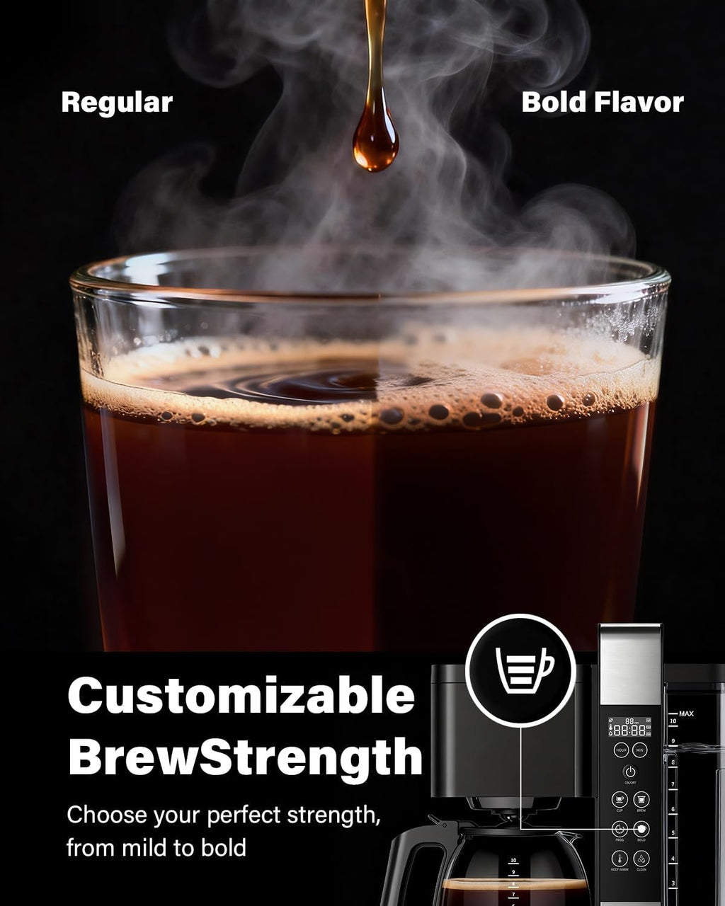 10-Cup Coffee Maker, Programmable Drip Coffee Machine with 2–10 Cup Setting, Adjustable Keep-Warm Control, Removable 50Oz Water Tank, Brew Strength Control & Brew Pause, Black