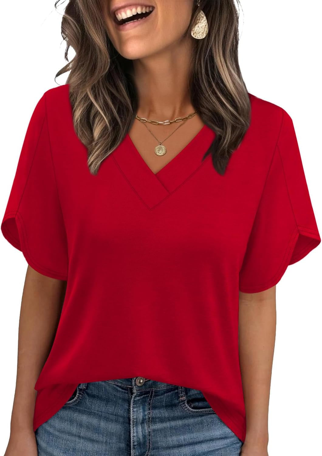 Womens Summer Tops Short Petal Sleeve Shirts Fashion V Neck Womens Clothing
