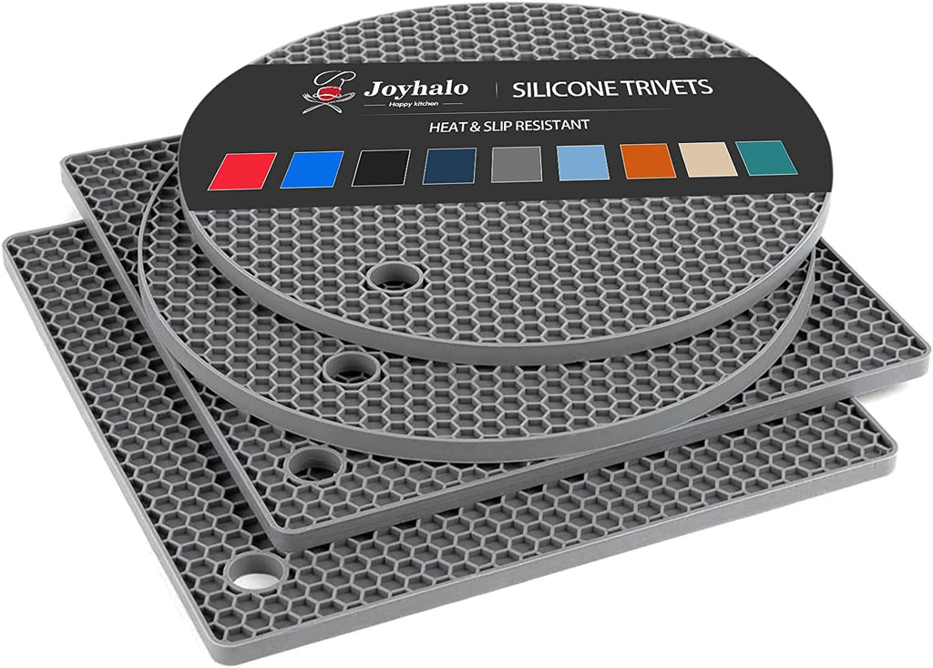 Trivets for Hot Dishes - Hot Pads for Kitchen, Silicone Pot Holders for Hot Pots and Pans, Silicone Mats for Kitchen Countertops, Table, Flexible Easy to Wash and Dry, Grey