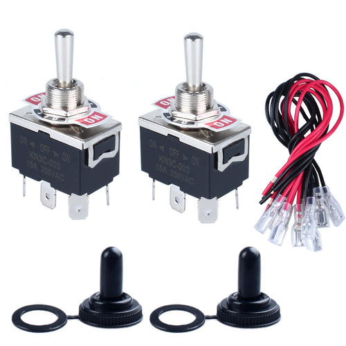 2Pcs Heavy Duty Rocker Toggle Switch 0-250V 15A DPDT 6 Pins 3 Positions On-Off-On Latching with Waterproof Boot Cap Pre-Wired Cables for Auto Car Truck Boat Marine