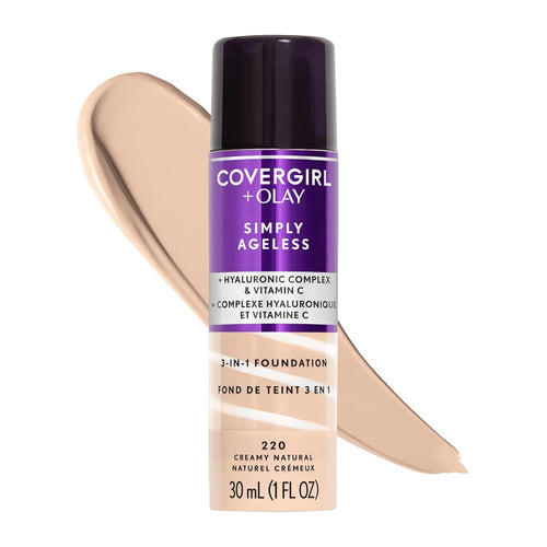 & Olay Simply Ageless 3-In-1 Liquid Foundation, Matte Finish, Hyaluronic & Vitamin C Formula, 220 Creamy Natural, 1 Count