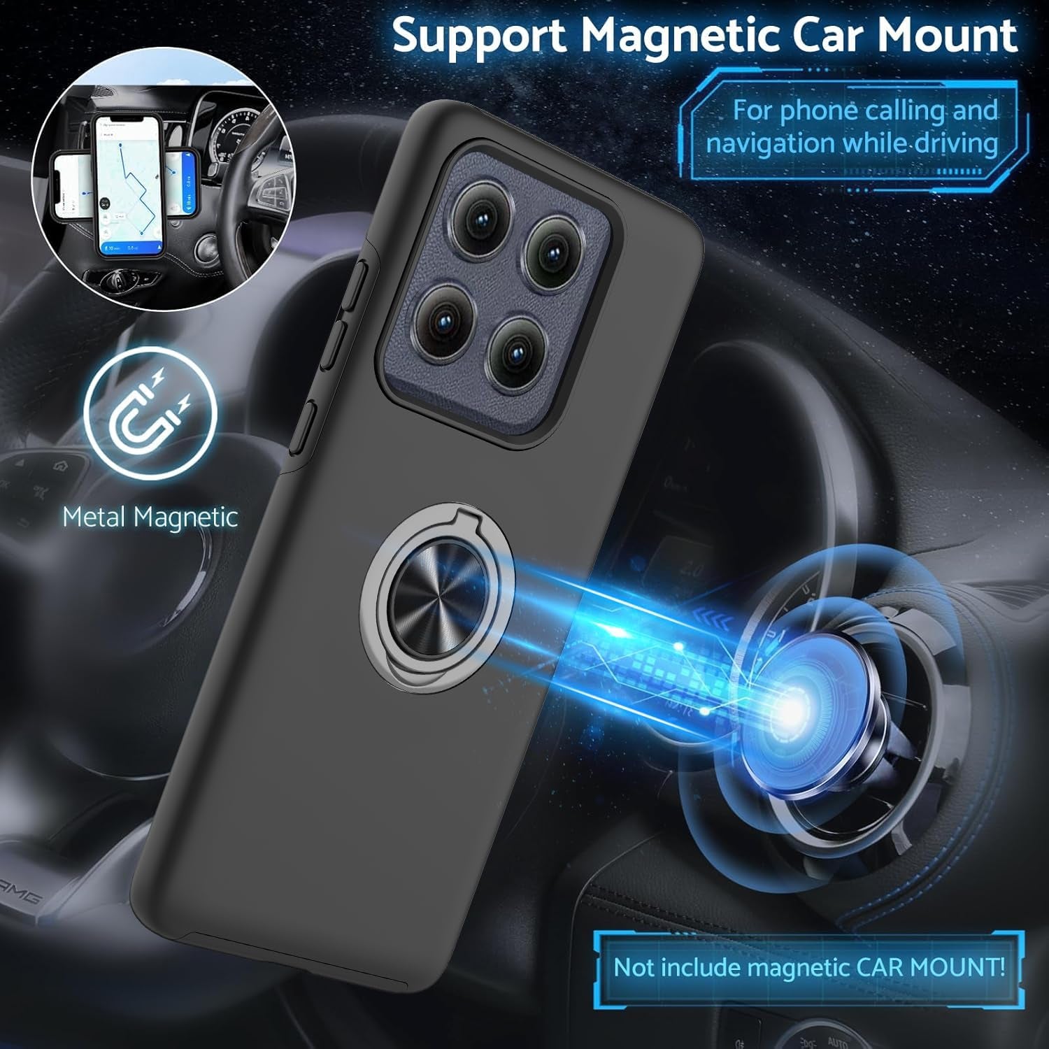 For Motorola Moto Edge 2025 Case with Tempered Glass Screen Protector and Camera Lens Protector， 360° Rotatable Ring Holder Magnetic Kickstand, Shockproof Protectivephone Case, Black